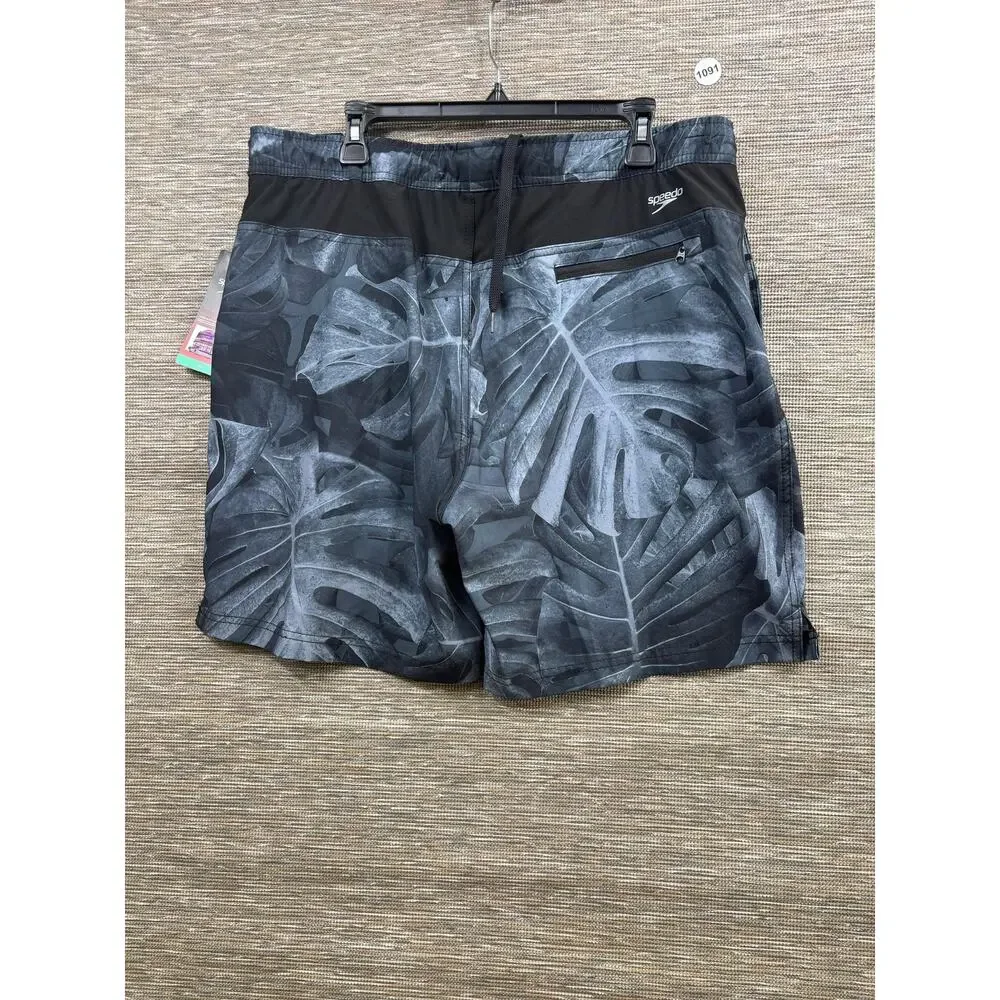 Speedo Swim Shorts Mens XL Gray Tech Volley Leaf Print UPF 50+ Drawstring Lined